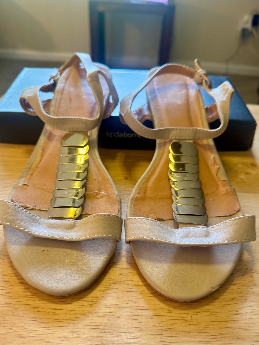 Wanted Beige Leather T-Strap Sandals with Gold Accents